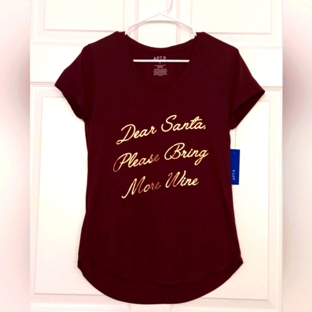 Kohl’s Apt 9 Women’s “Dear Santa” Maroon Short-Sleeve V-Neck Graphic Tee – NWT